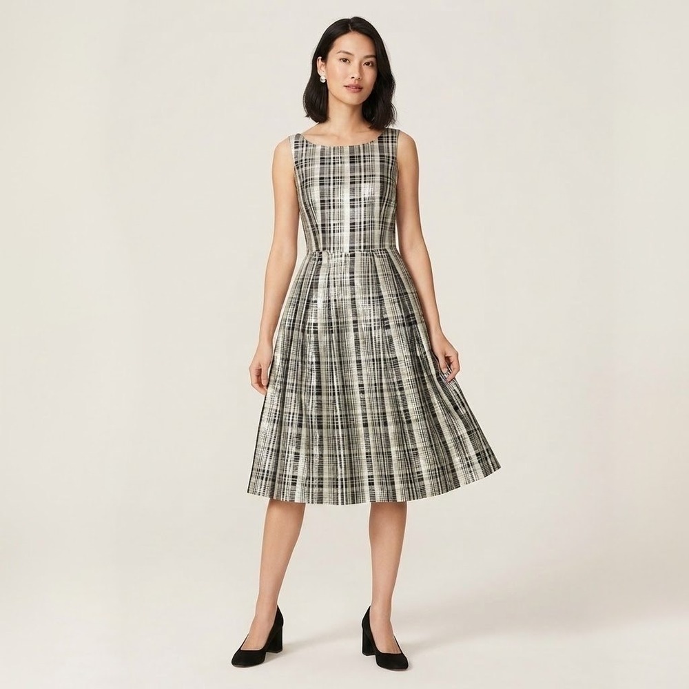 French Connection Plaid Fit Flare Dress Womens M Black Metallic Silver Preppy‎